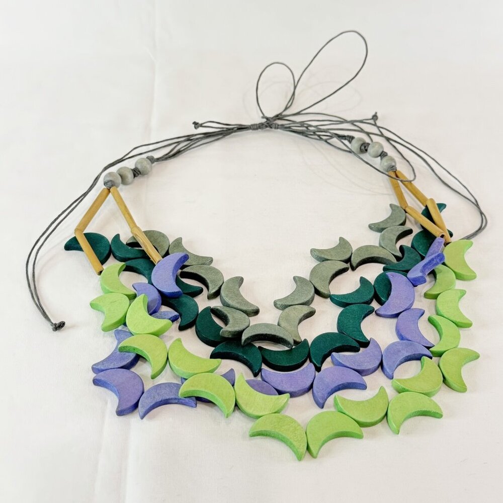 New Moon Beaded Purple Green Grey Wood Necklace Lightweight Adjustable 20" Long